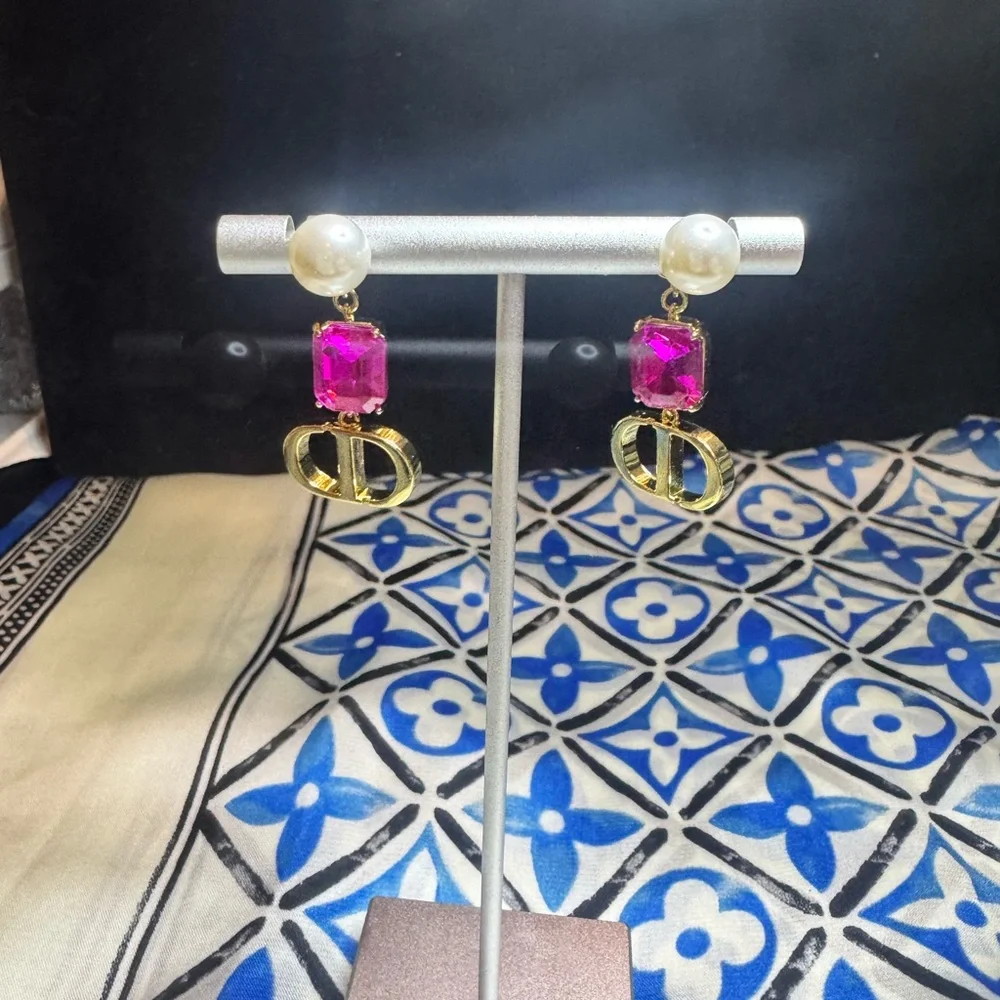 Dior Gold-Tone Earrings with Fuchsia Crystal & Pearl Accent - Picture 7 of 7